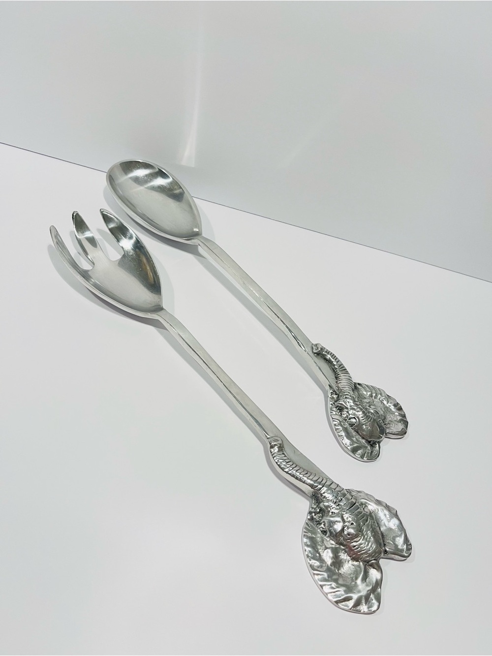Vintage Mexican Pewter Serving Spoon & Fork 13.25” Elephant Head Design